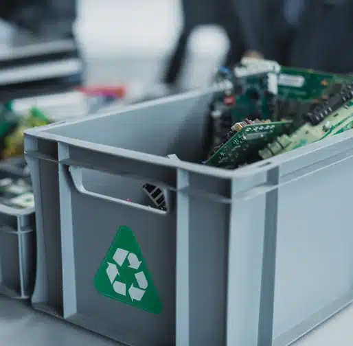 Bin of electronics collected for Goodwill electronics recycling